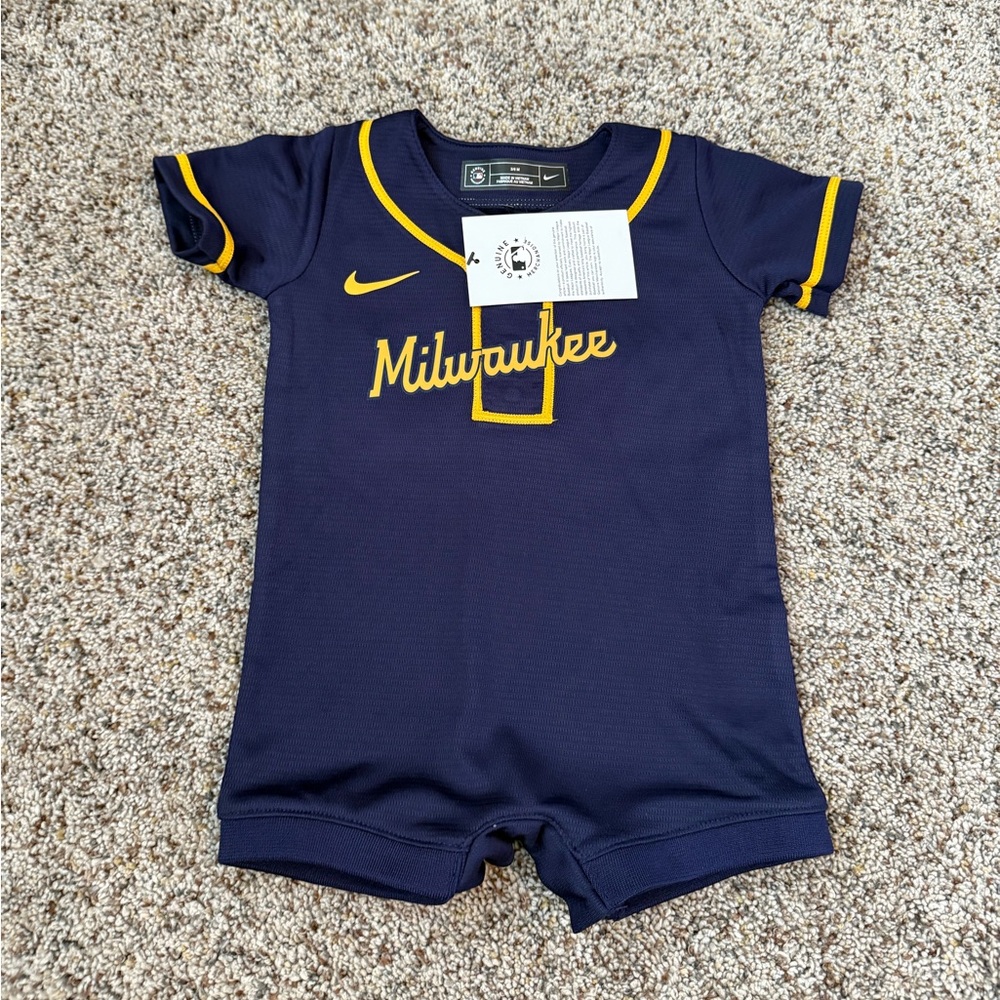 NWT Baby Milwaukee Brewers Navy Jersey Romper Size 3-6 Months